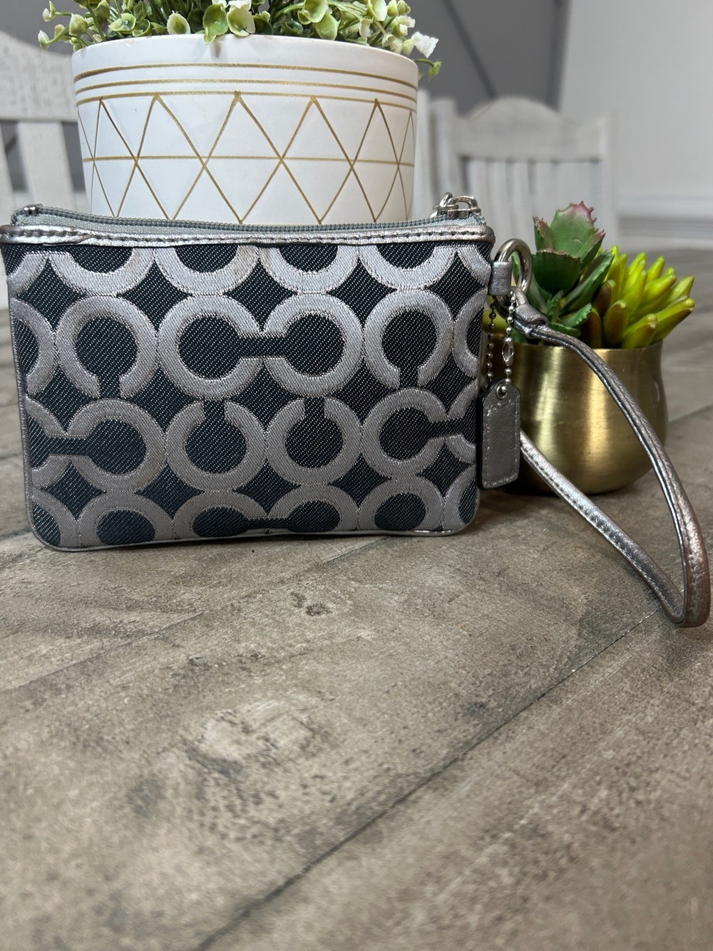 Coach Signature Optic C Wristlet Gray Silver Jacquard Canvas Zip Pouch Wallet - Picture 5 of 7